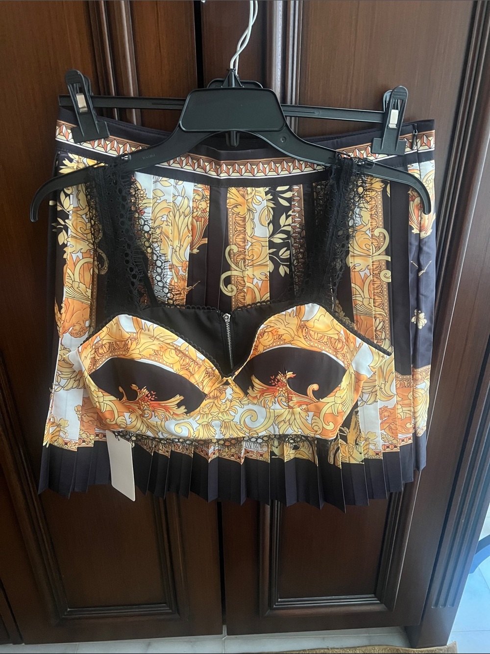 Baroque Print Bustier and Pleated Skirt Set in Black and Gold
